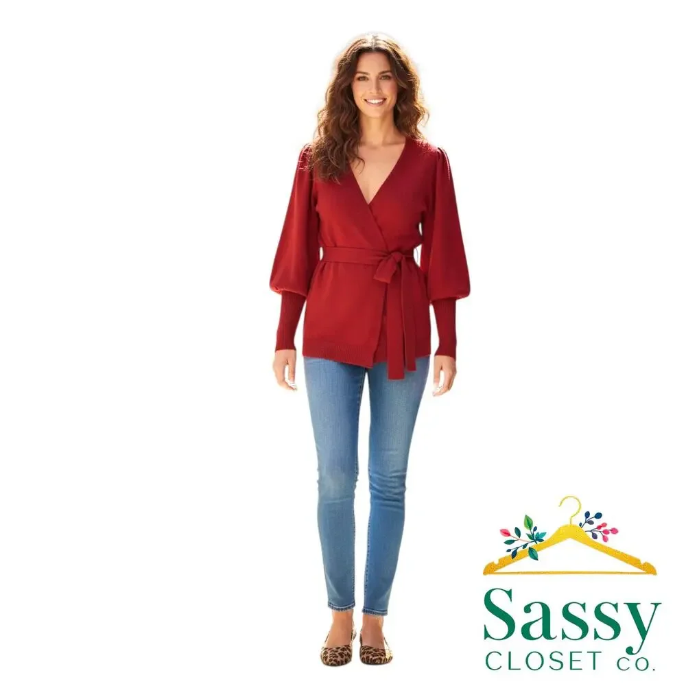 Cabi Gala Cardigan M Red Ribbed Belted Puff Sleeve Wrap Sweater 100 Cotton 5634
